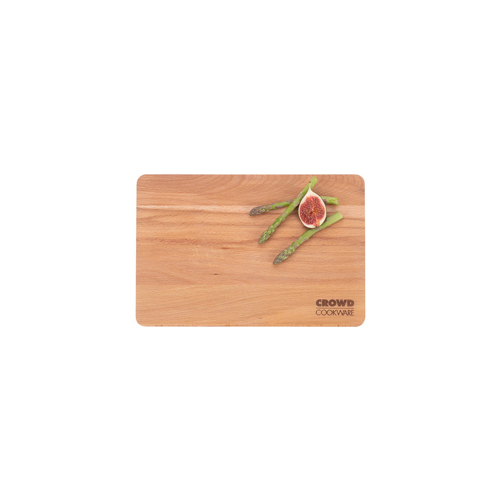 30 x 20 cm Beech Wood Cutting Board integrated sloped edges with Crowd Cookware logo on bottom right, with aspargus on top