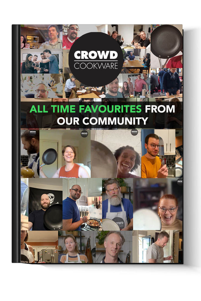 Crowd Cookware E book with lots of Crowd Cookware customers on the cover containing their favourite recipes all over the world