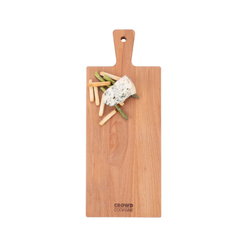 Rectangular cutting board 50x20 cm with handle made of beech wood with crowd cookware logo with cheese on top